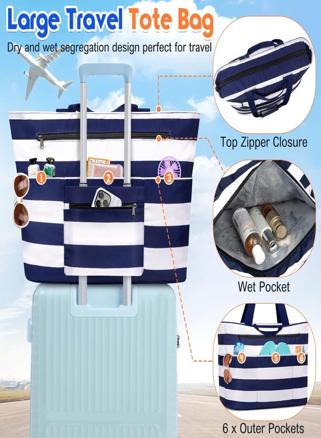BKNOOU Extra Large Beach Bags Waterproof Sandproof XL Beach Tote Bag for Women Zipper Foldable Swim Pool Bag with Wet Pocket (Blue White) - Image 3